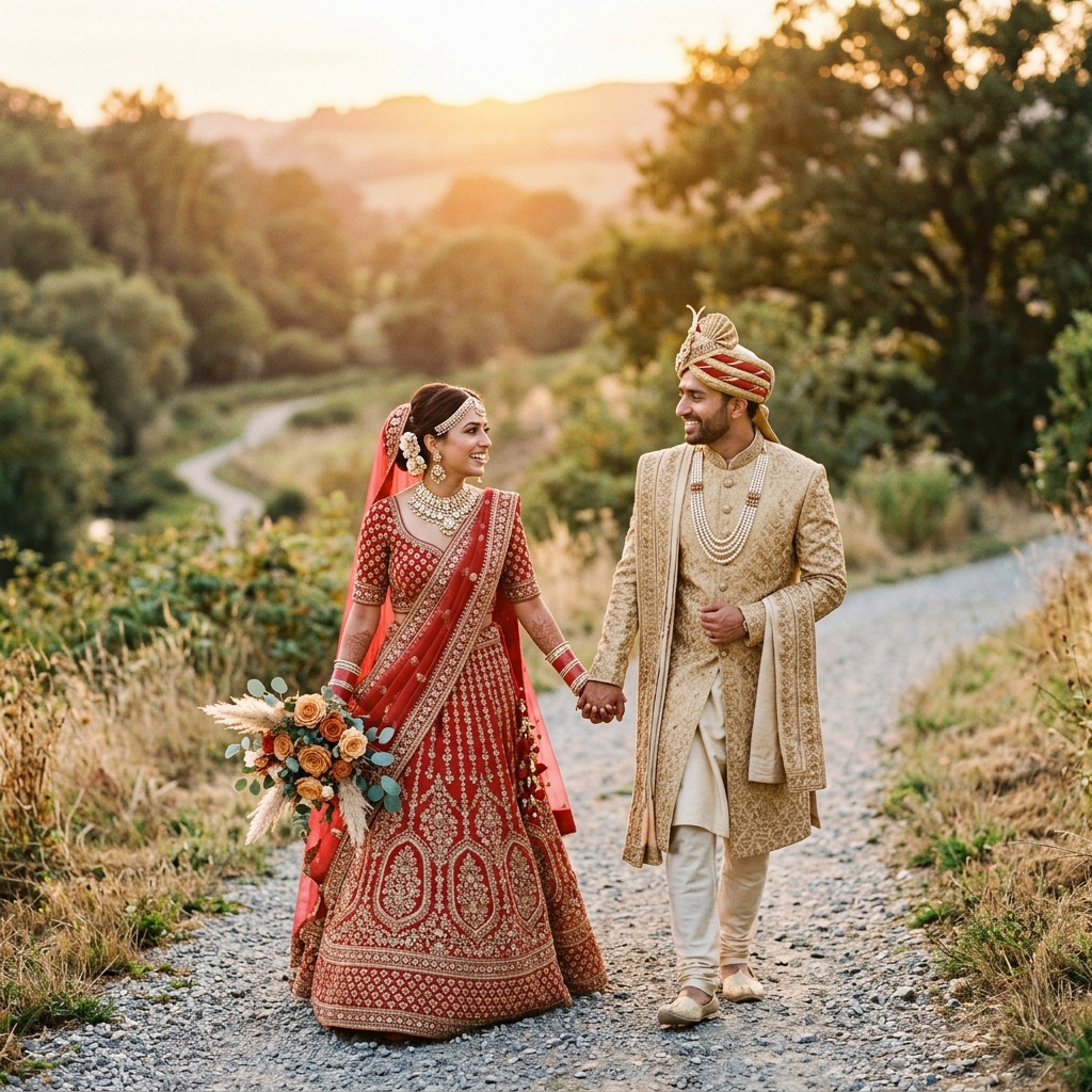 Beautiful Indian Wedding Couple Walking Backwards During Golden Hour